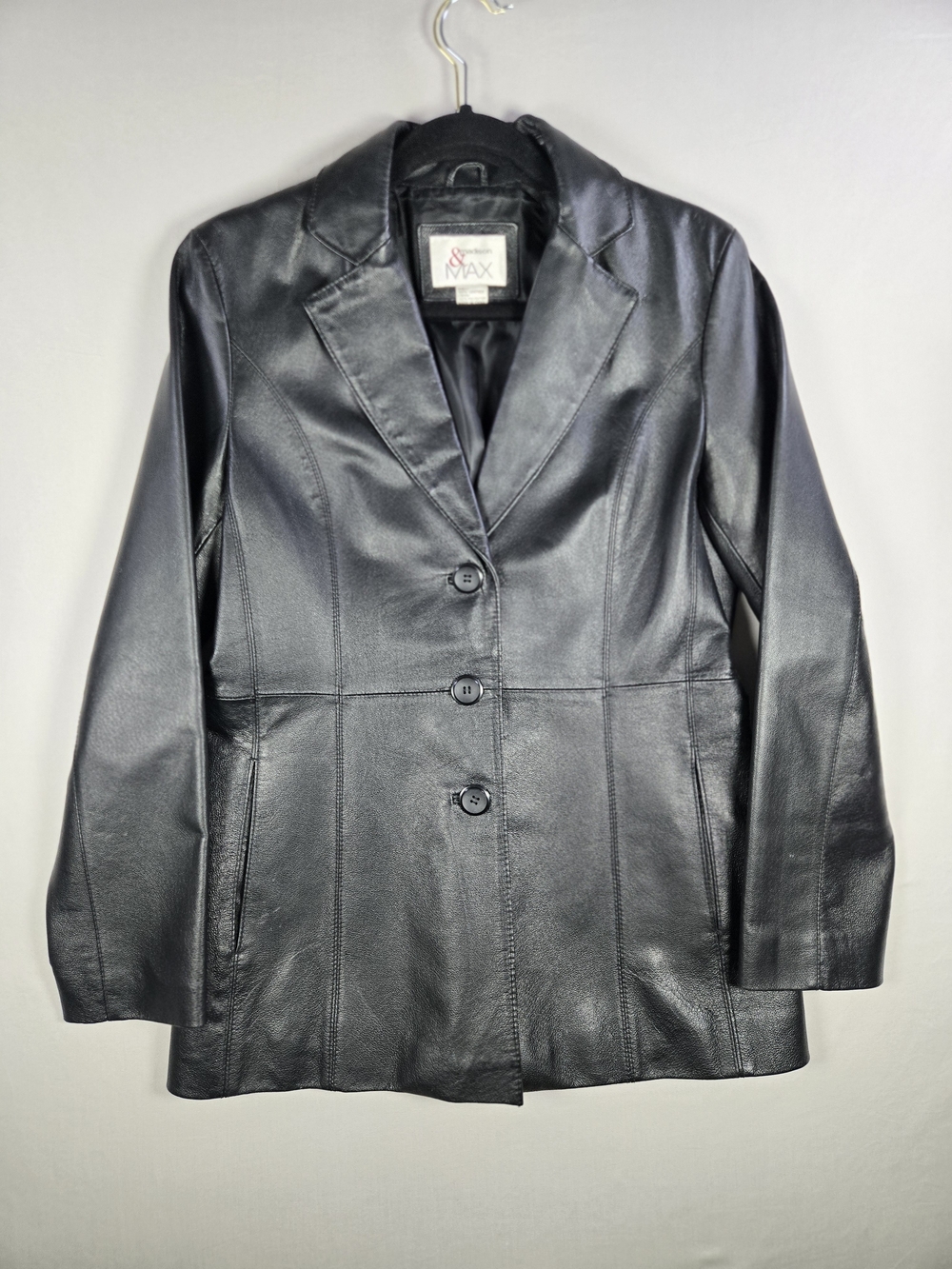 Vintage 90s Y2K Madison & Max Black Leather Blazer Jacket Grunge Minimalist Sz S